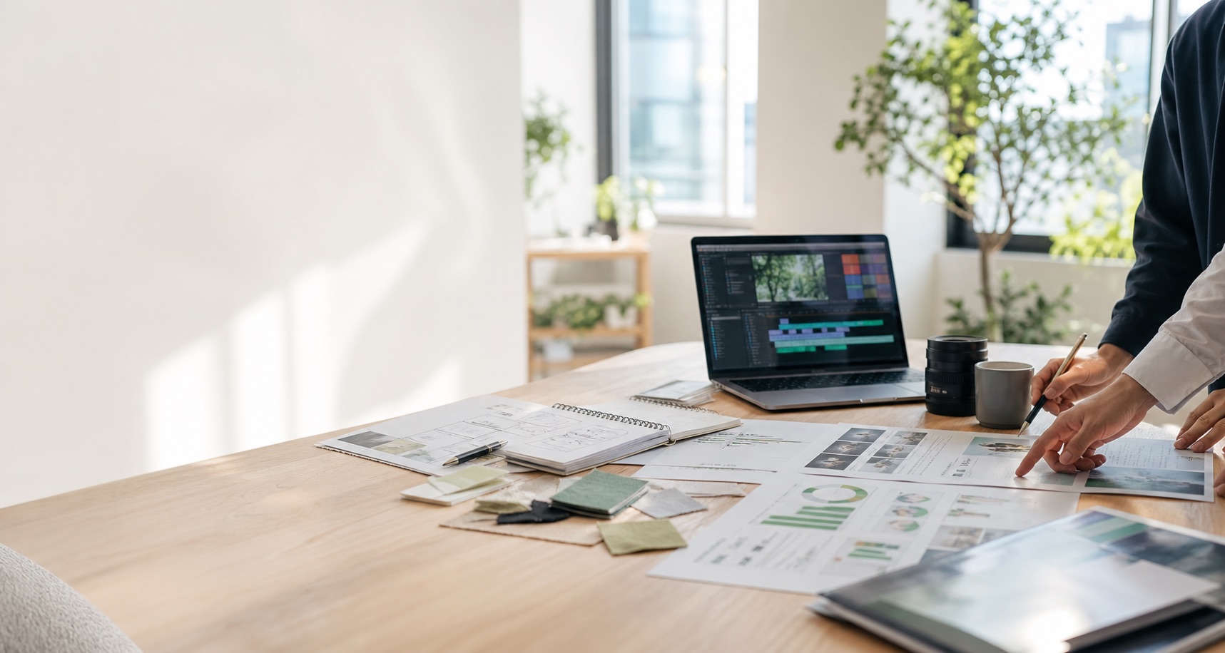 A bright creative strategy table with campaign sketches and video editing.